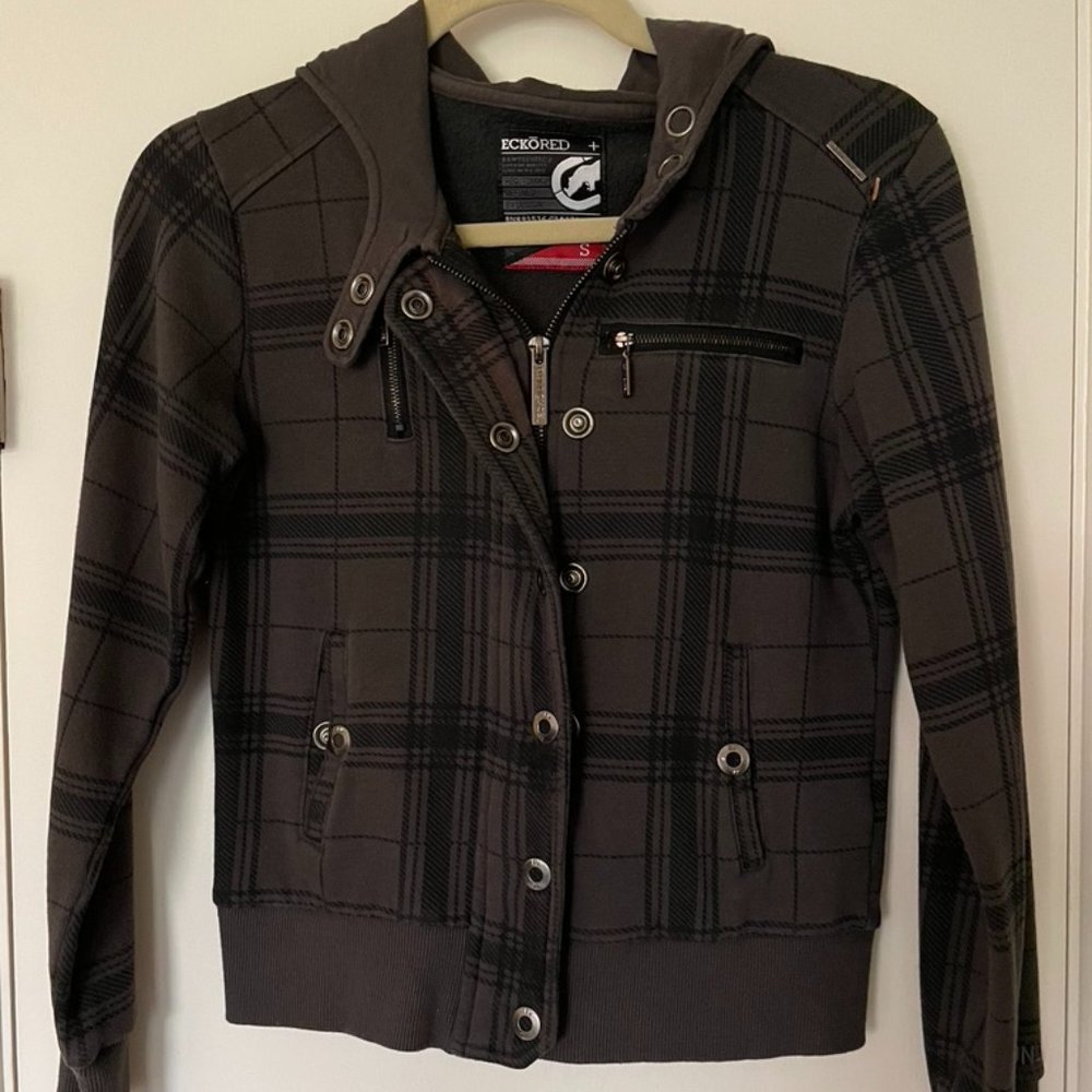 Black & Grey Plaid Hoodie, Ecko, Small